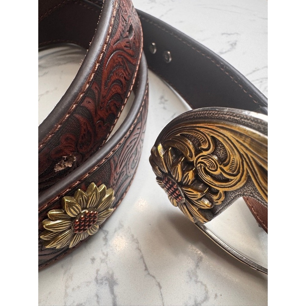 Ariat Womens Brown Leather Sunflower Tooled Western Belt XL A1533508 - Picture 3 of 6